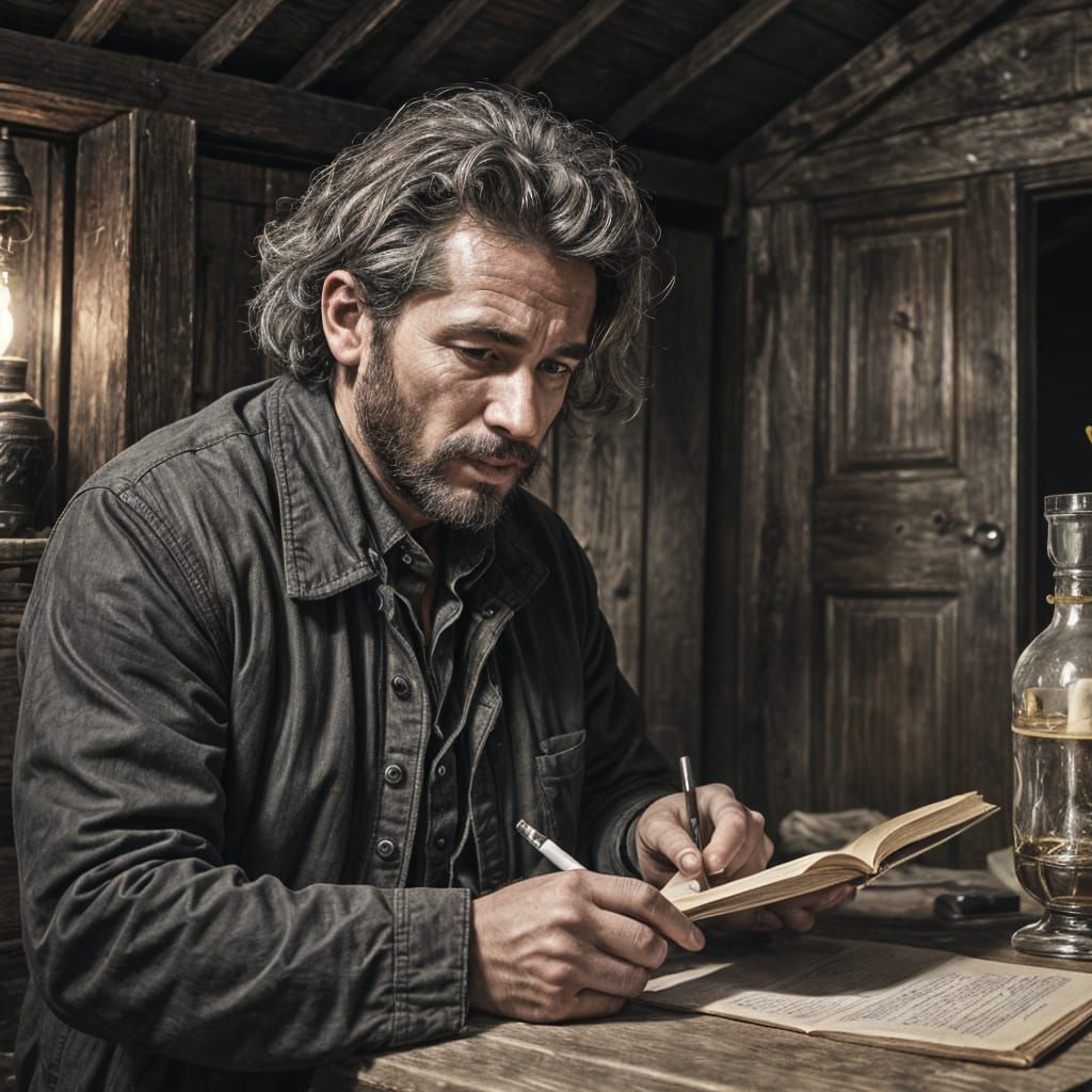 Mysterious Man Writing in Hut: Cinematic Film Still