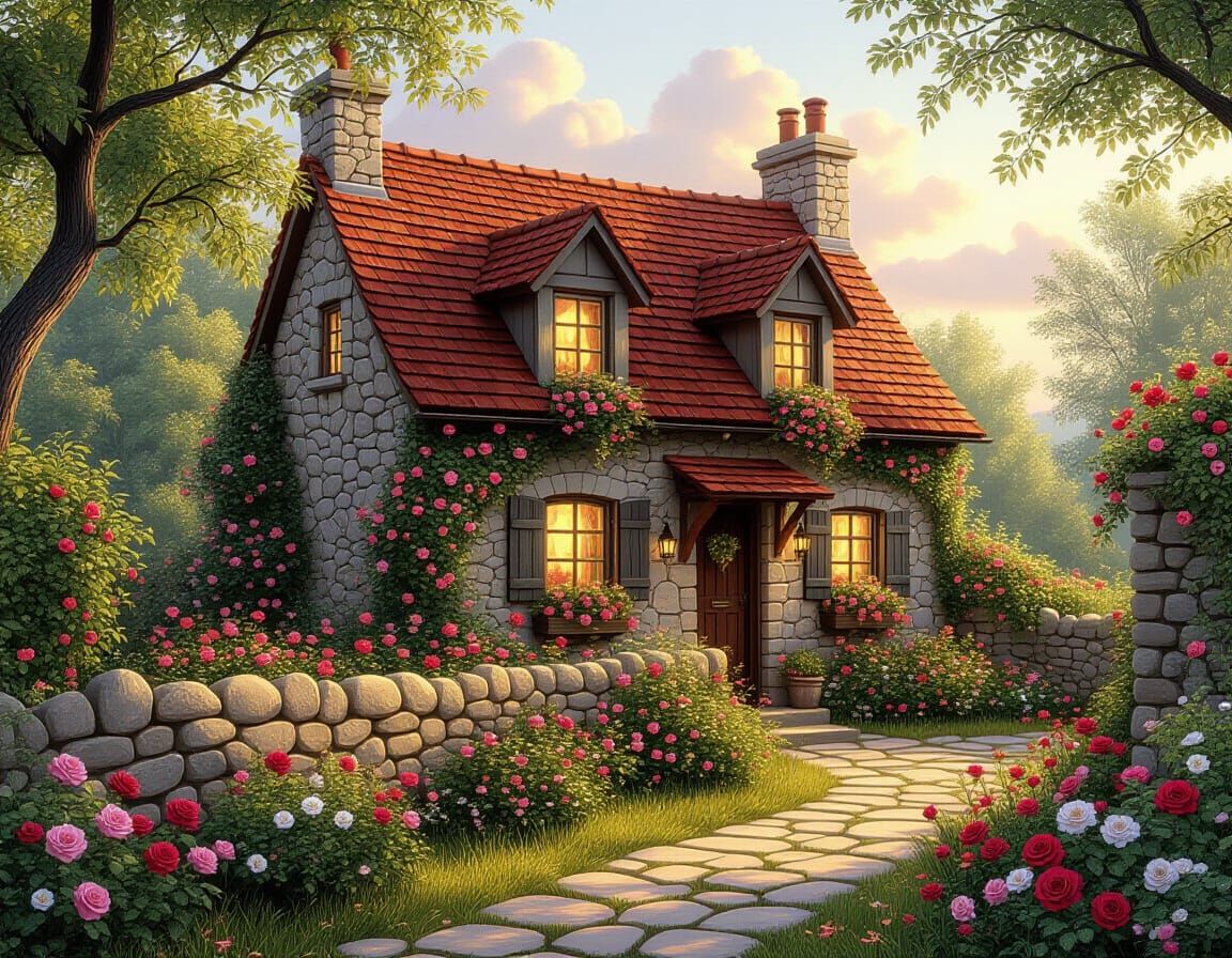 Idyllic Cottage with Wildflowers in Hyperrealistic Style