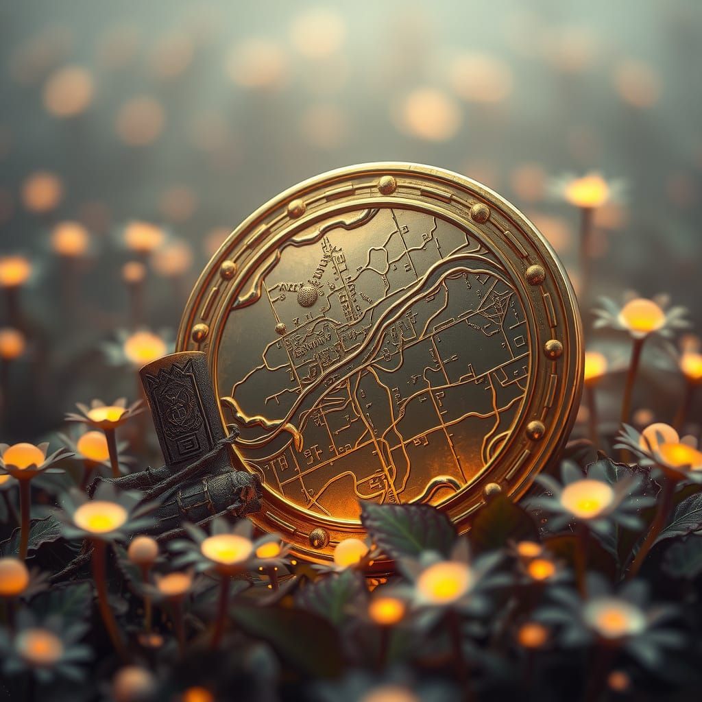 Giant Ancient Gold Coin in Alien Flora Field