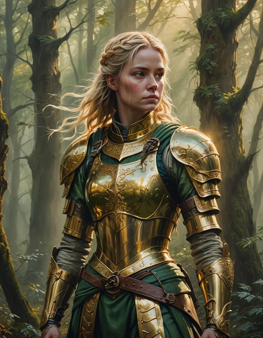 Golden Armored Heroine in Misty Forest: Oil Painting