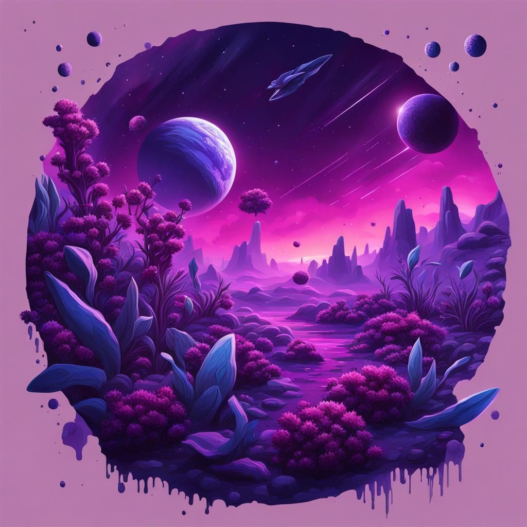 Hyperrealistic Alien Planet Night Sky with Purple Plants