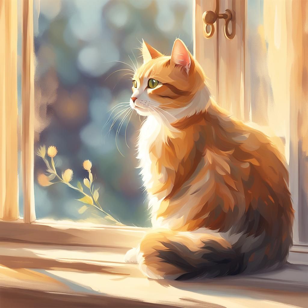 Cat on Windowsill in Watercolor Style