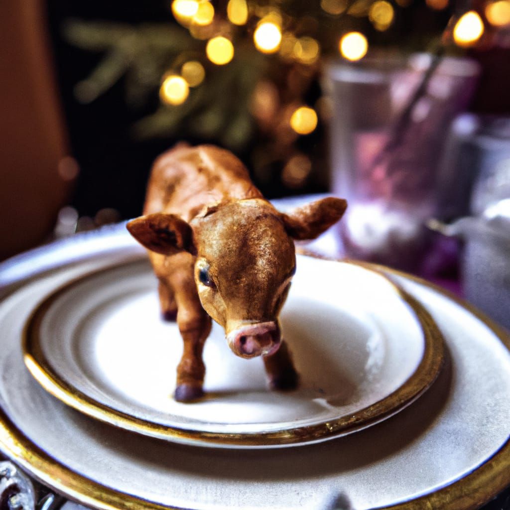 Hyperrealistic Baby Cow in Bowl on Christmas Table