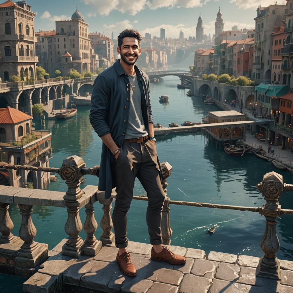 Man Posing on Railing with City Backdrop
