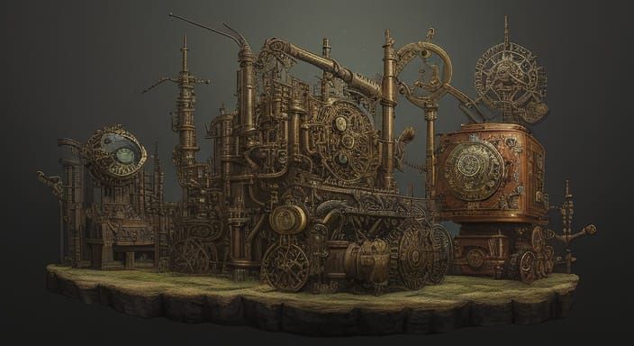 Intricate Steampunk Engine in Industrial Grunge Aesthetic