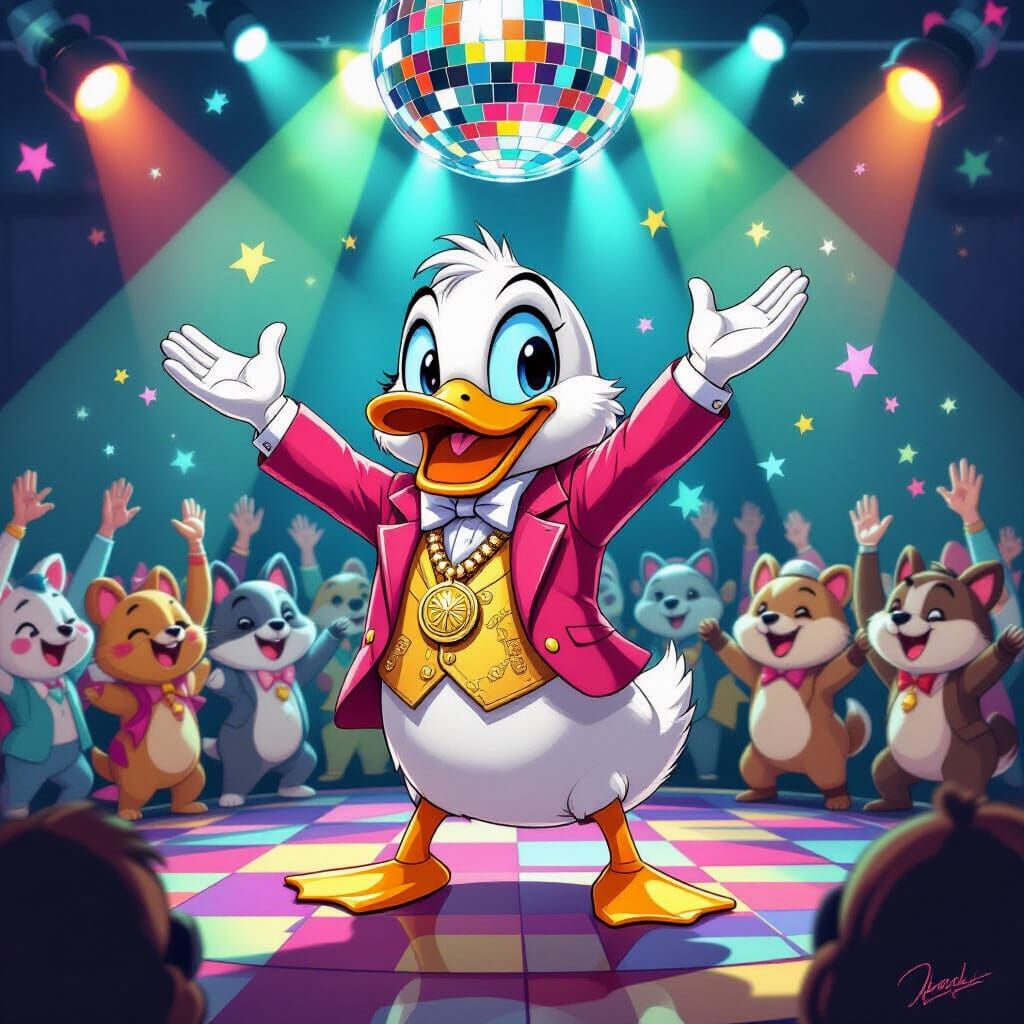 Cute Cartoon Duck Disco Dancing in 70s Ballroom