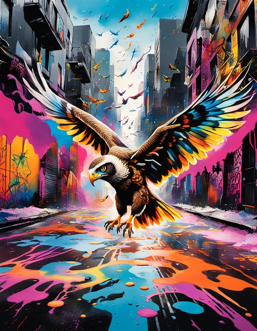 Birds of Prey in Graffiti Art Cityscape