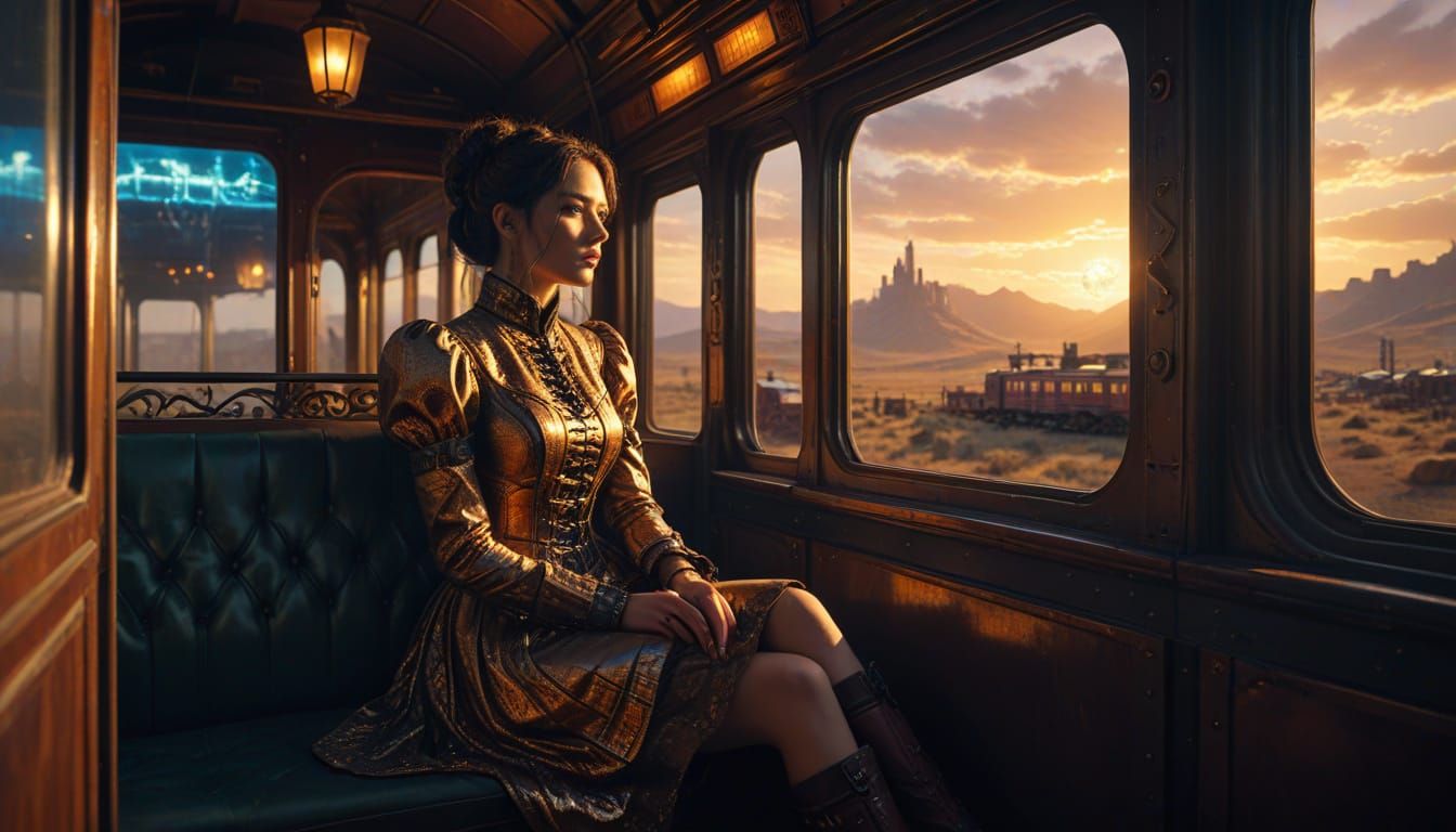 Victorian Woman in Cyberpunk Wild West, Anime Style