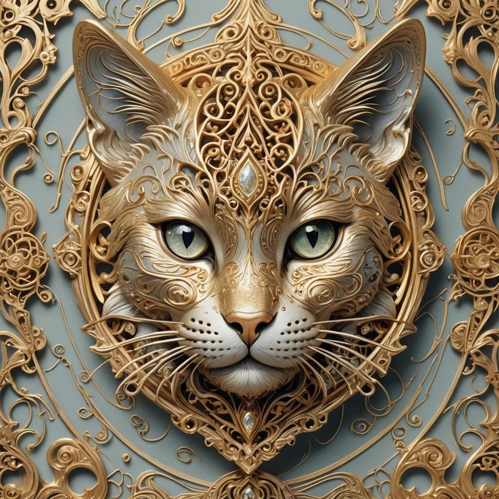 Golden Ring with Cat Face Embedded, Dreamy Art Style