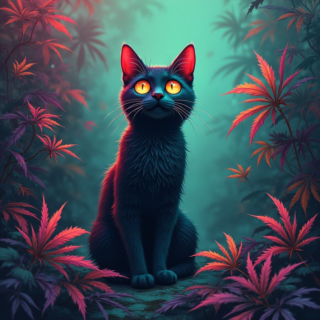 Psychedelic Cat Surrounded by Marijuana Leaves