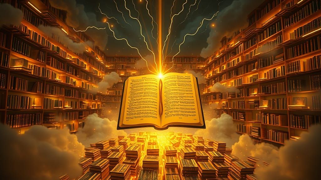 Bioluminescent Library with Floating Bible in Futuristic Sty...