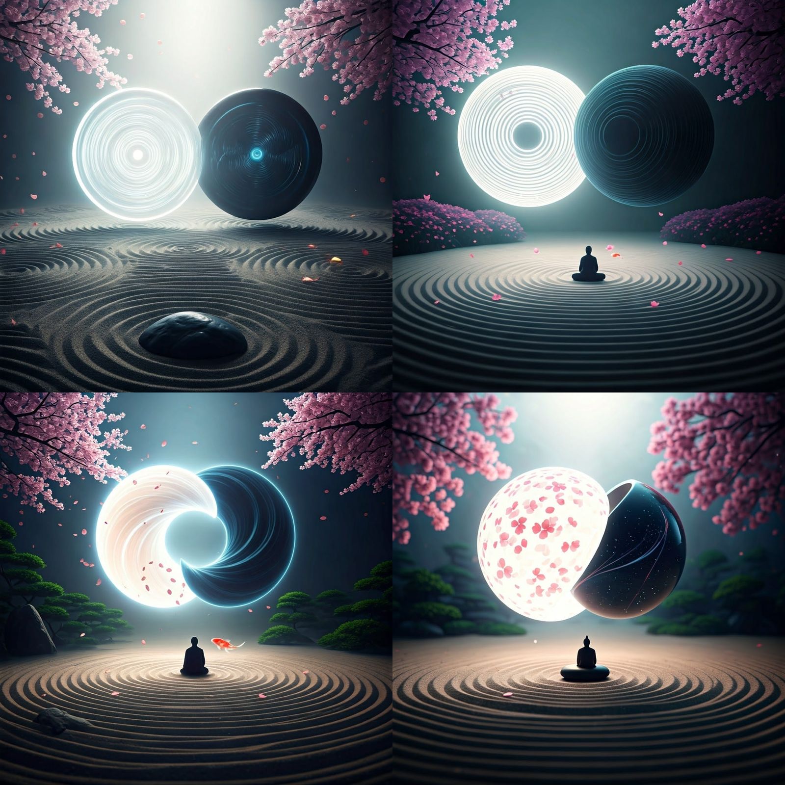 Balanced Orbs Above Zen Garden in Hyperrealistic Style