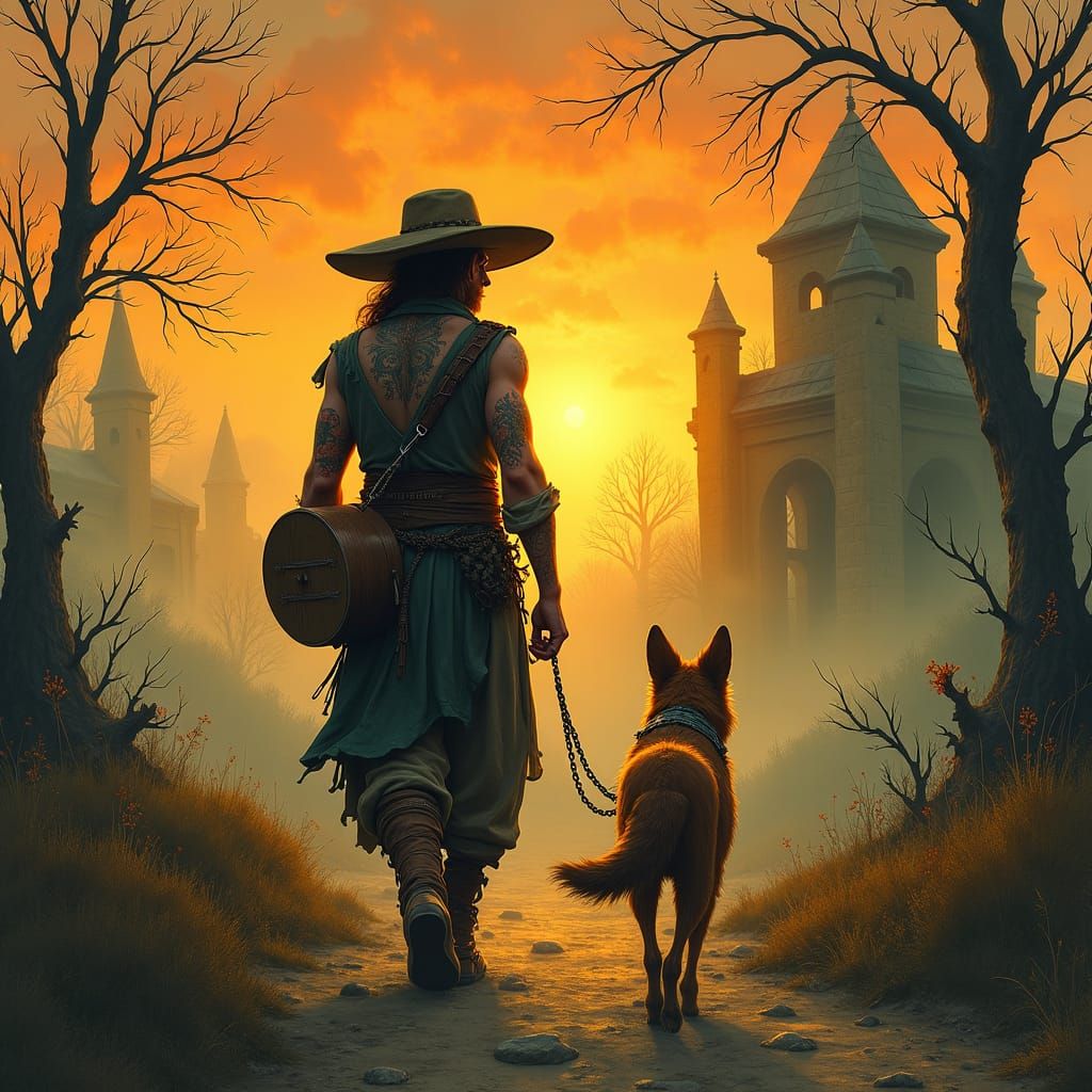 Bard and Dog in Spooky Landscape