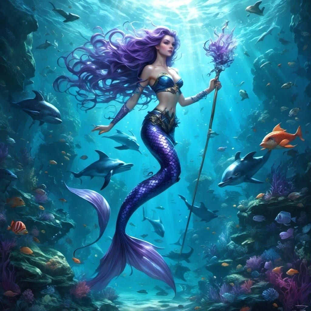 Purple Mermaid Wields Magic Wand in Anime Style