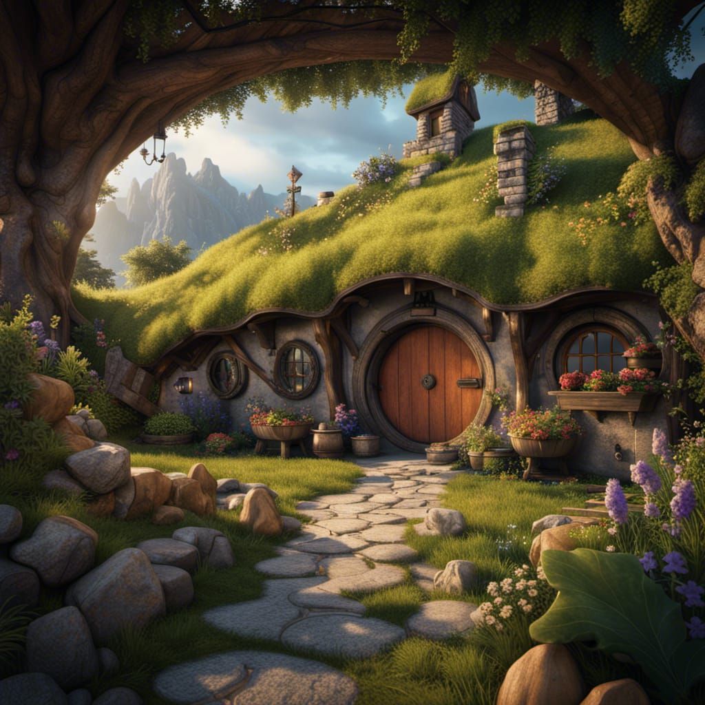 Detailed Matte Painting of a Hobbit Hole
