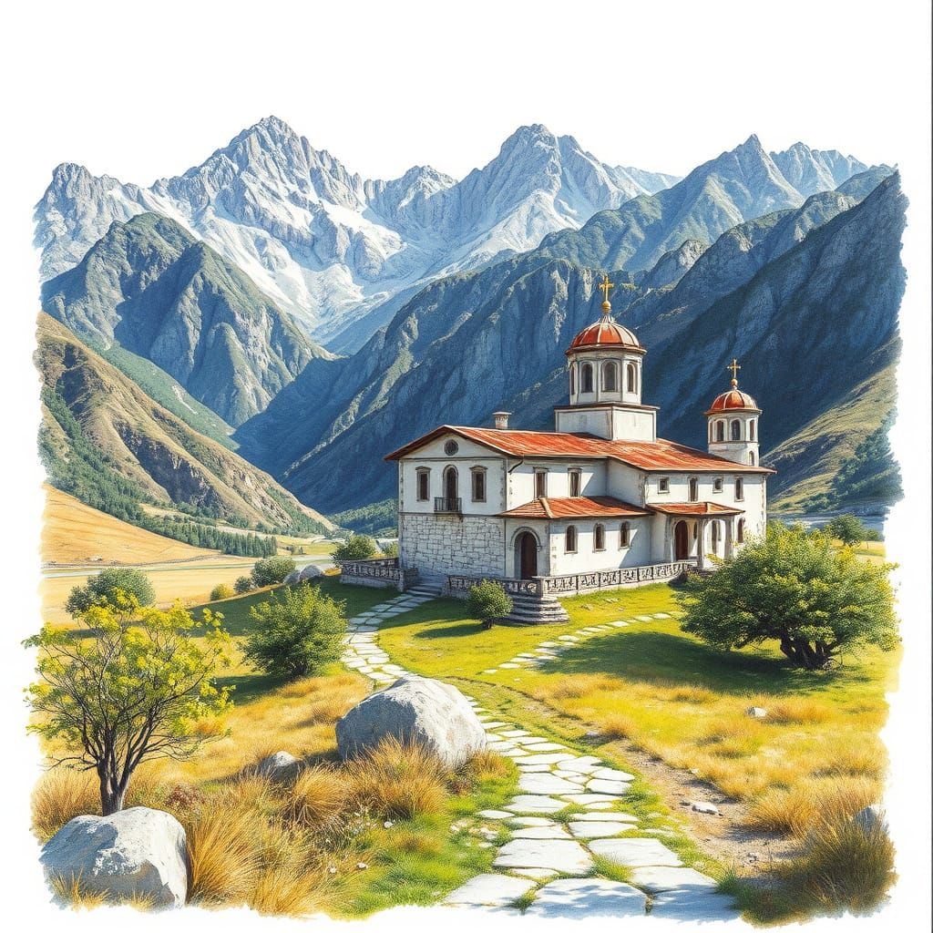 Orthodox Monastery in Greece, Realistic Charcoal Drawing