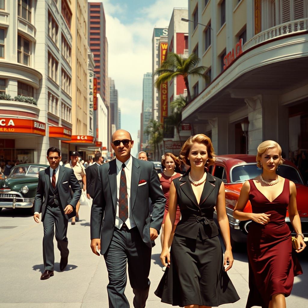 A Kodachrome-style photo of a busy downtown Flagler Street in Miami, Florida in the late 1950s when men and women dresse...