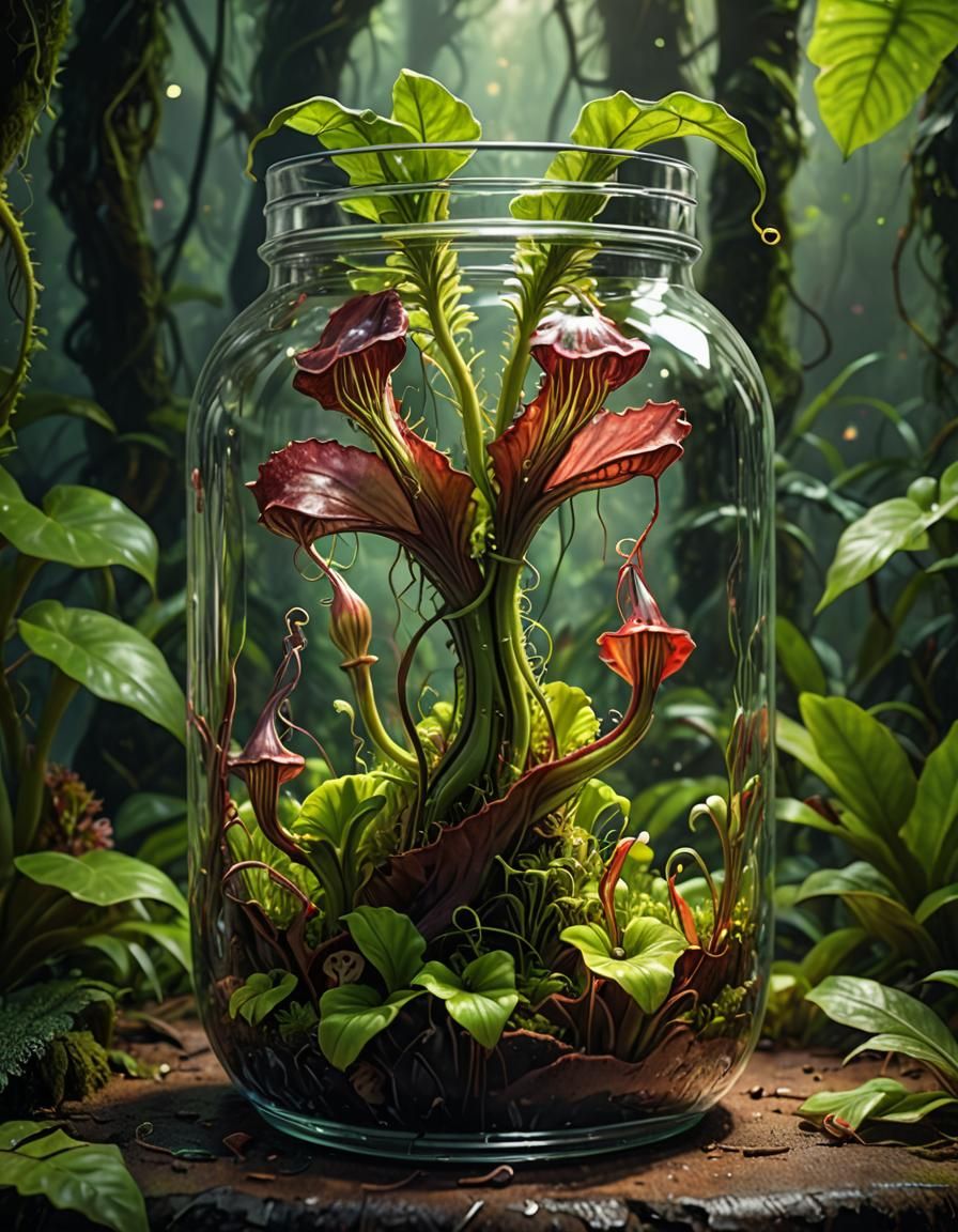 Carnivorous Plant in Jar: Hyperrealistic Rainforest Concept