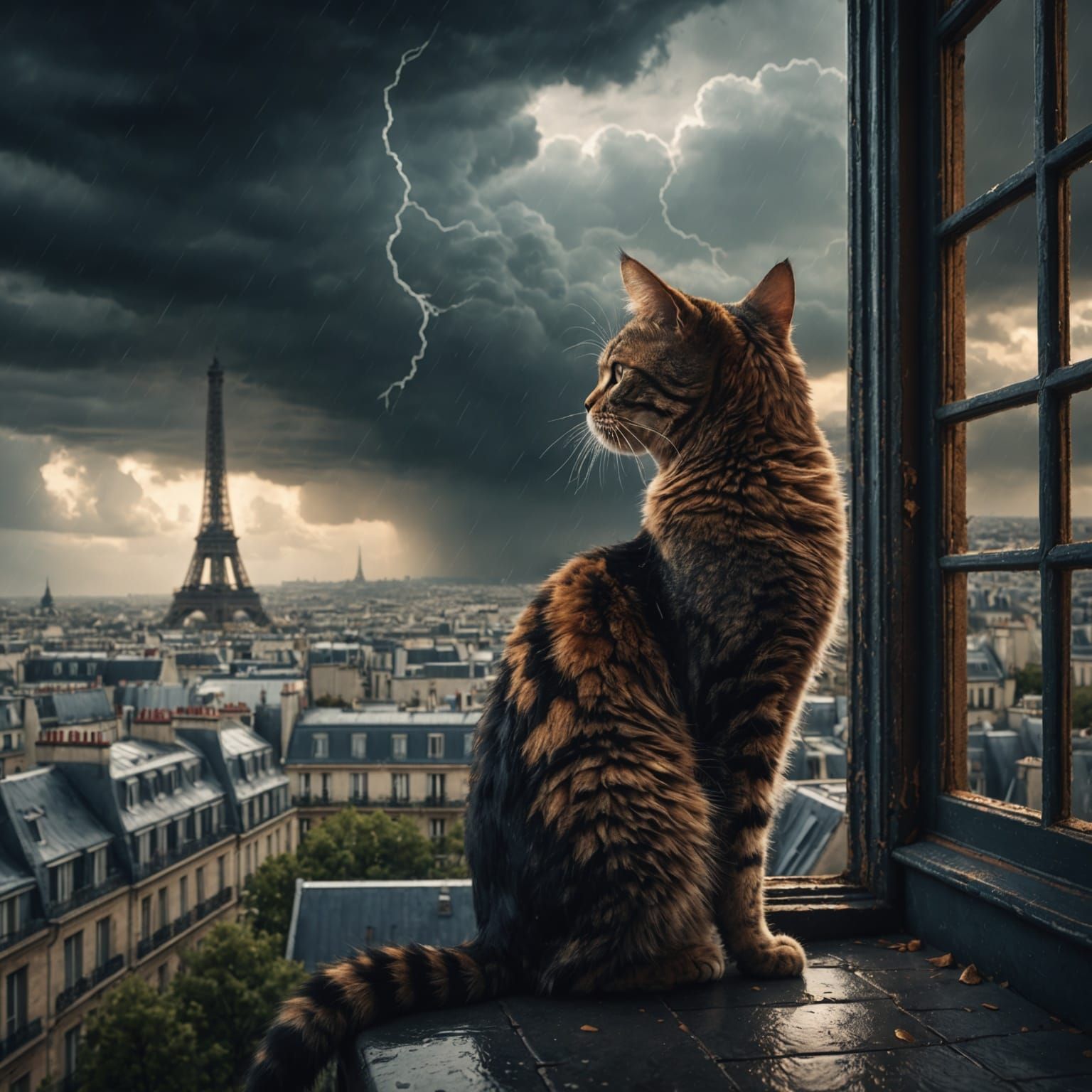 Cat Observes Paris Storm: Fantasy Concept Art