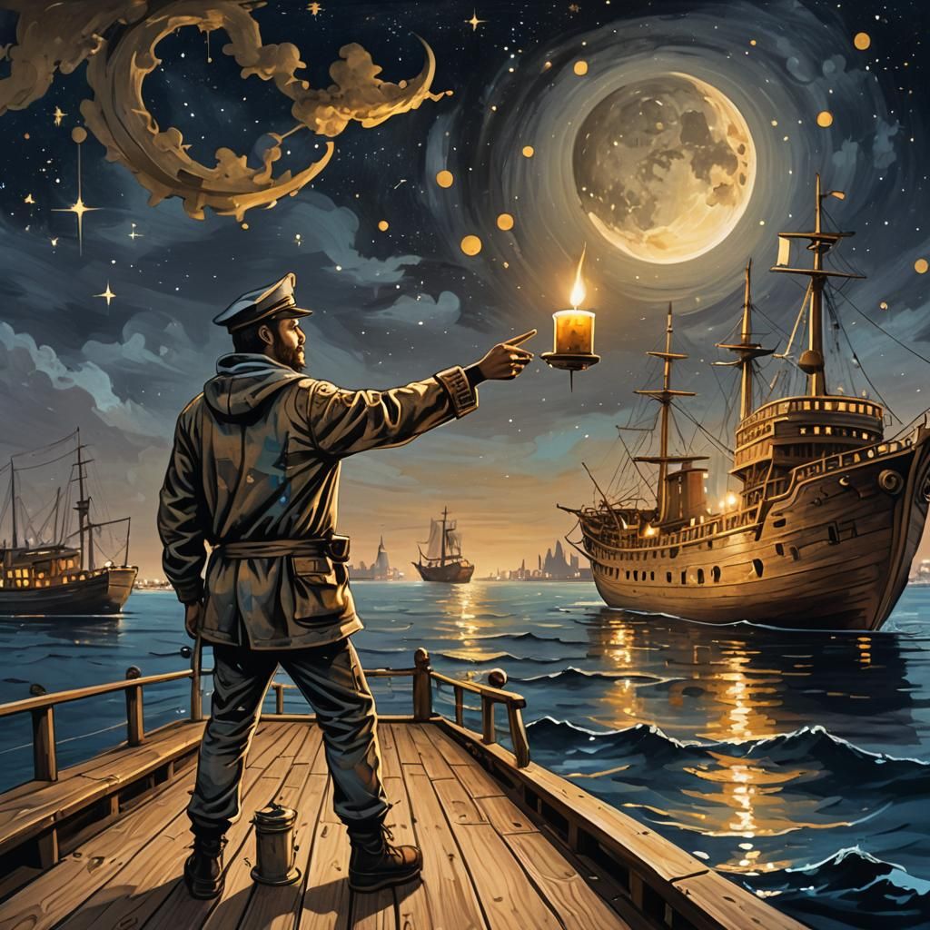 Ship Captain with Candle on Golden Sea in Graffiti Art