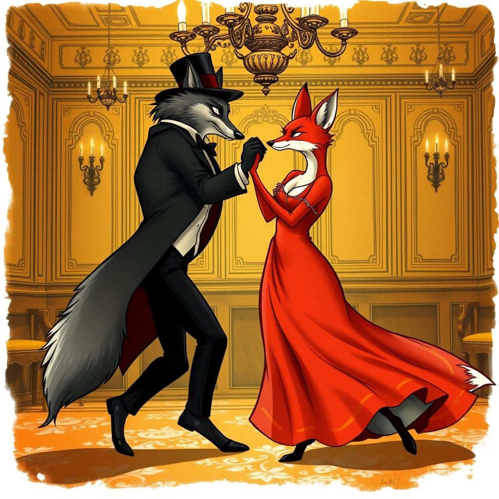 Suited Gentleman Wolf in Whimsical Vintage Tango Dance