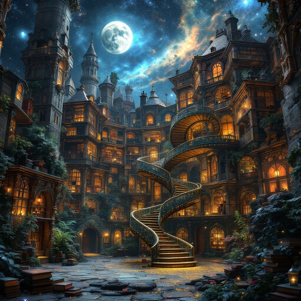 Midnight City Cosmic Library in Cyberpunk Style