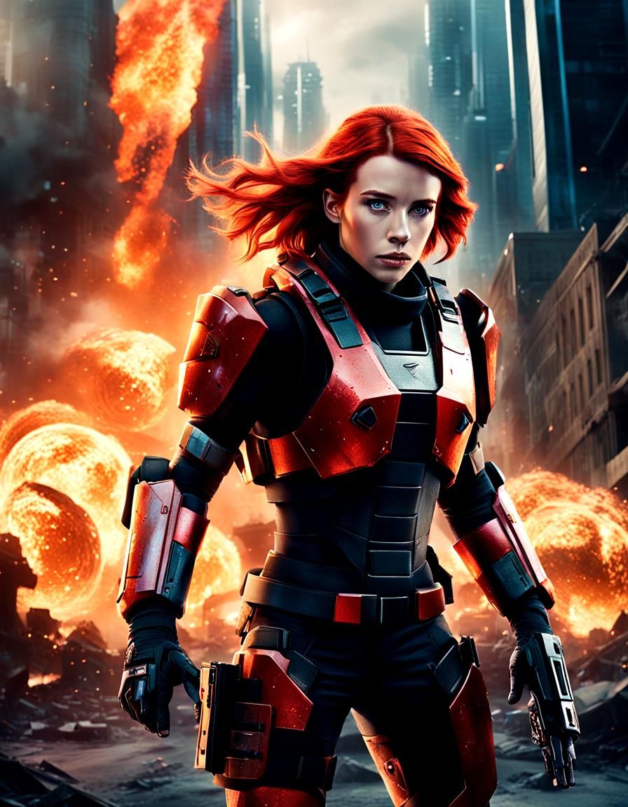 High-Tech Soldier in Urban War Zone: Cinematic Film Still