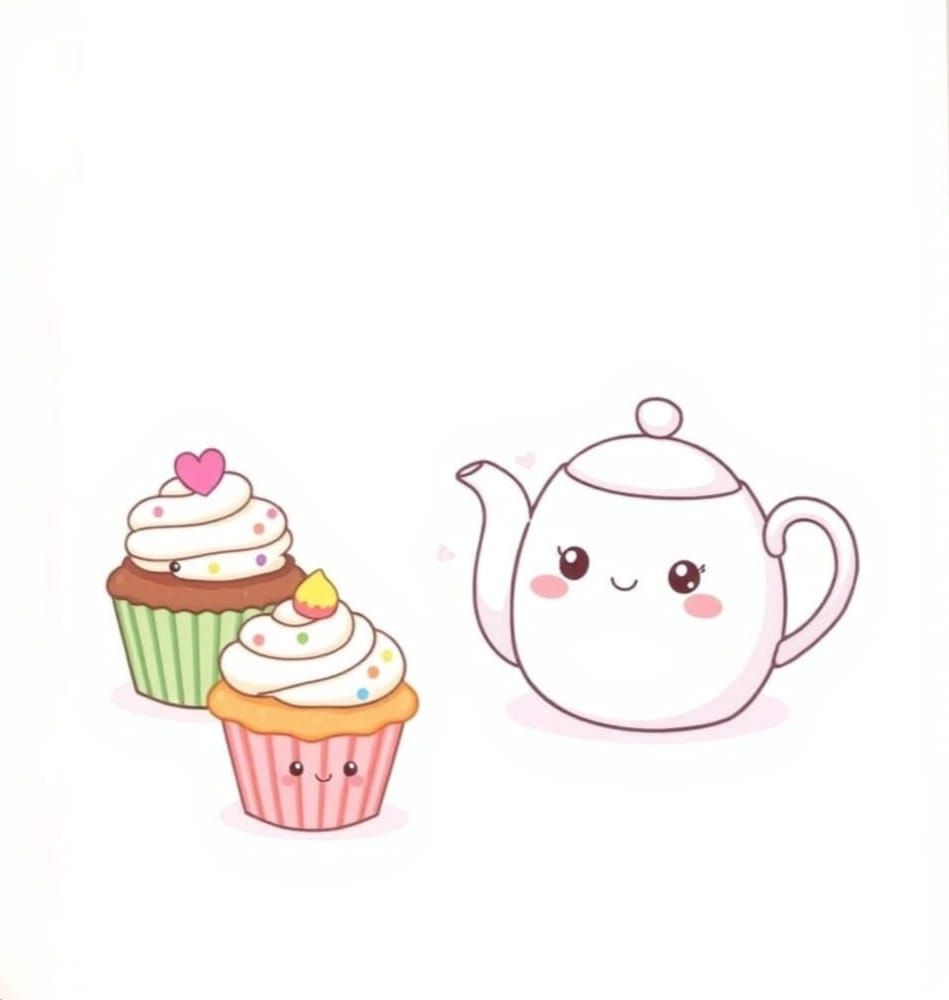 Kawaii Cupcakes and Teapot in Pastel Colors