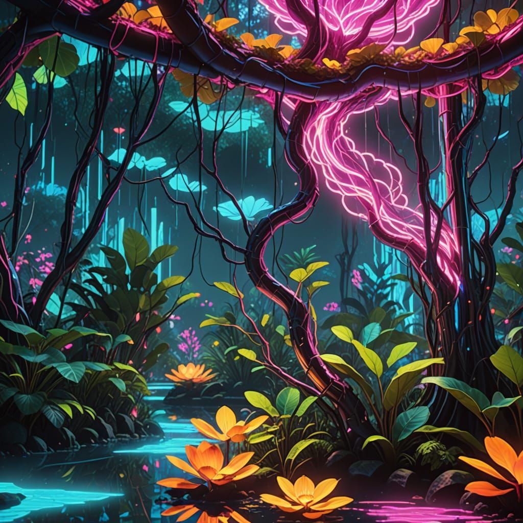 Vibrant Futuristic Jungle with Neon Vines and Chrome Trees