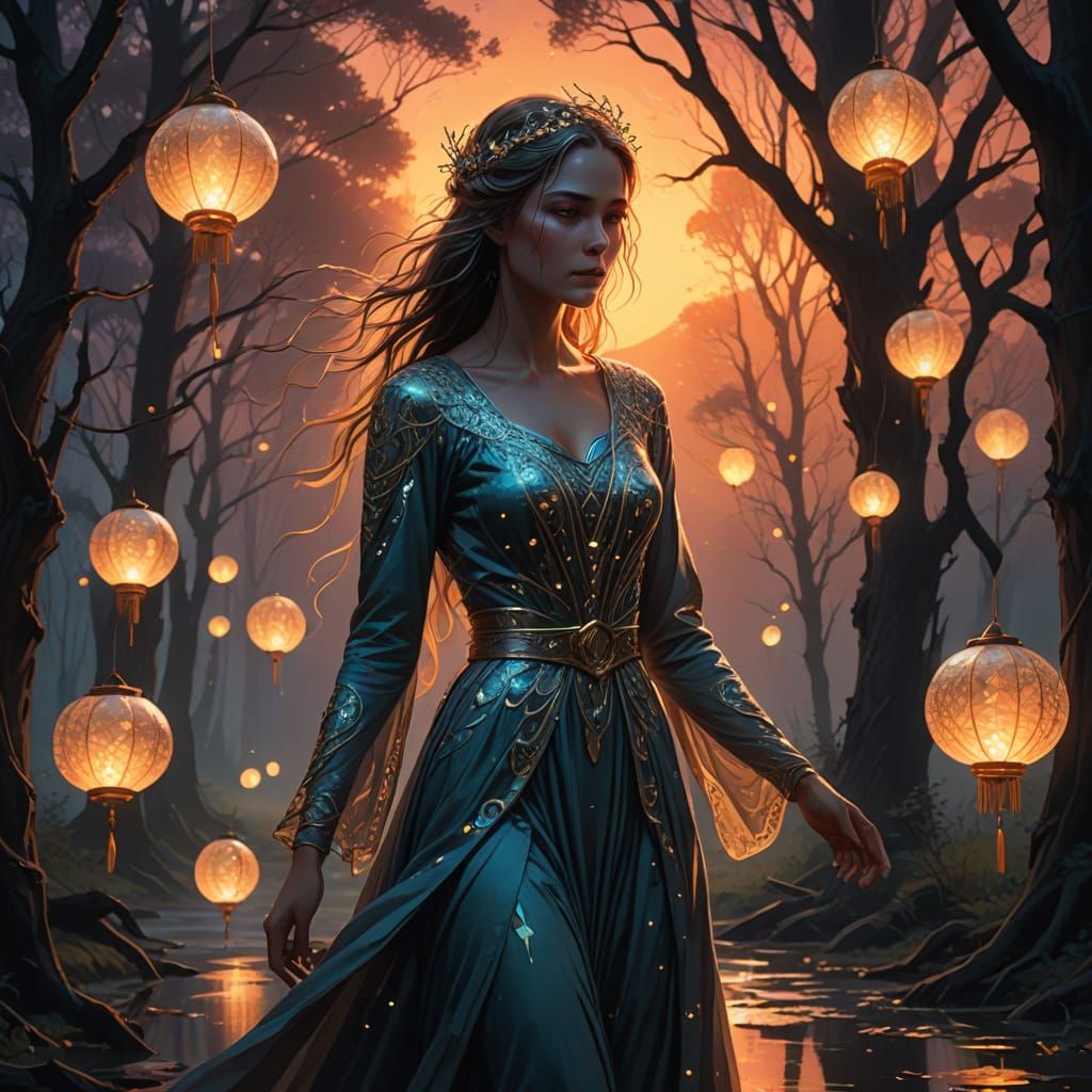 Enchanted Fantasy Woman in Ethereal Gown