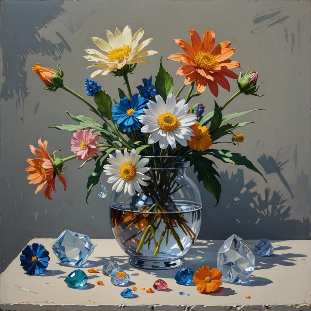 Crystal Flowers Still Life as Oil Painting
