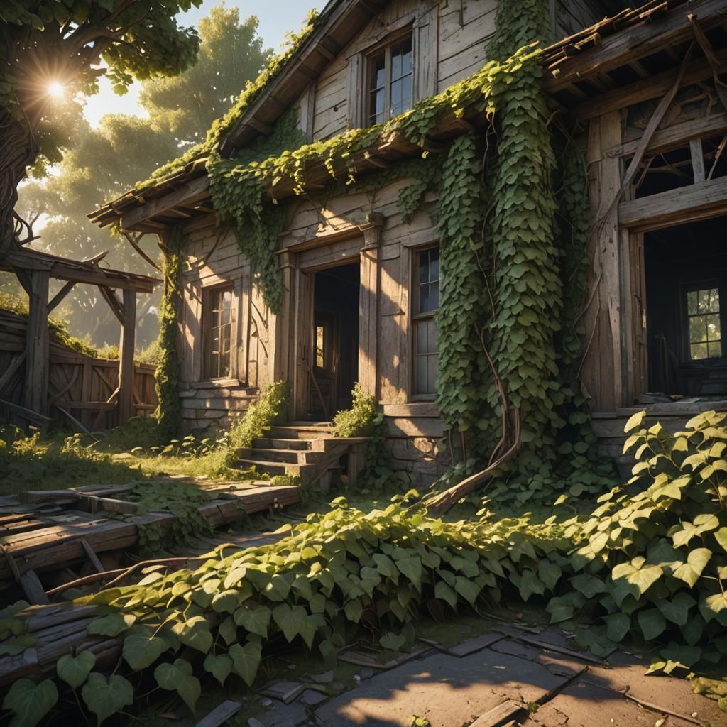 Weathered Farmhouse: Abandoned Landscape in Golden Light