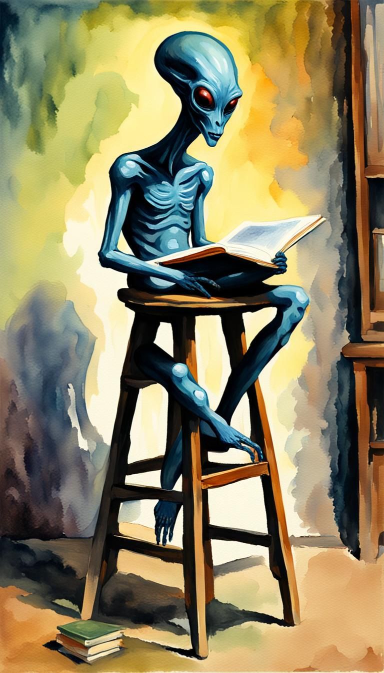 Alien Reading a Book in Gouache Style