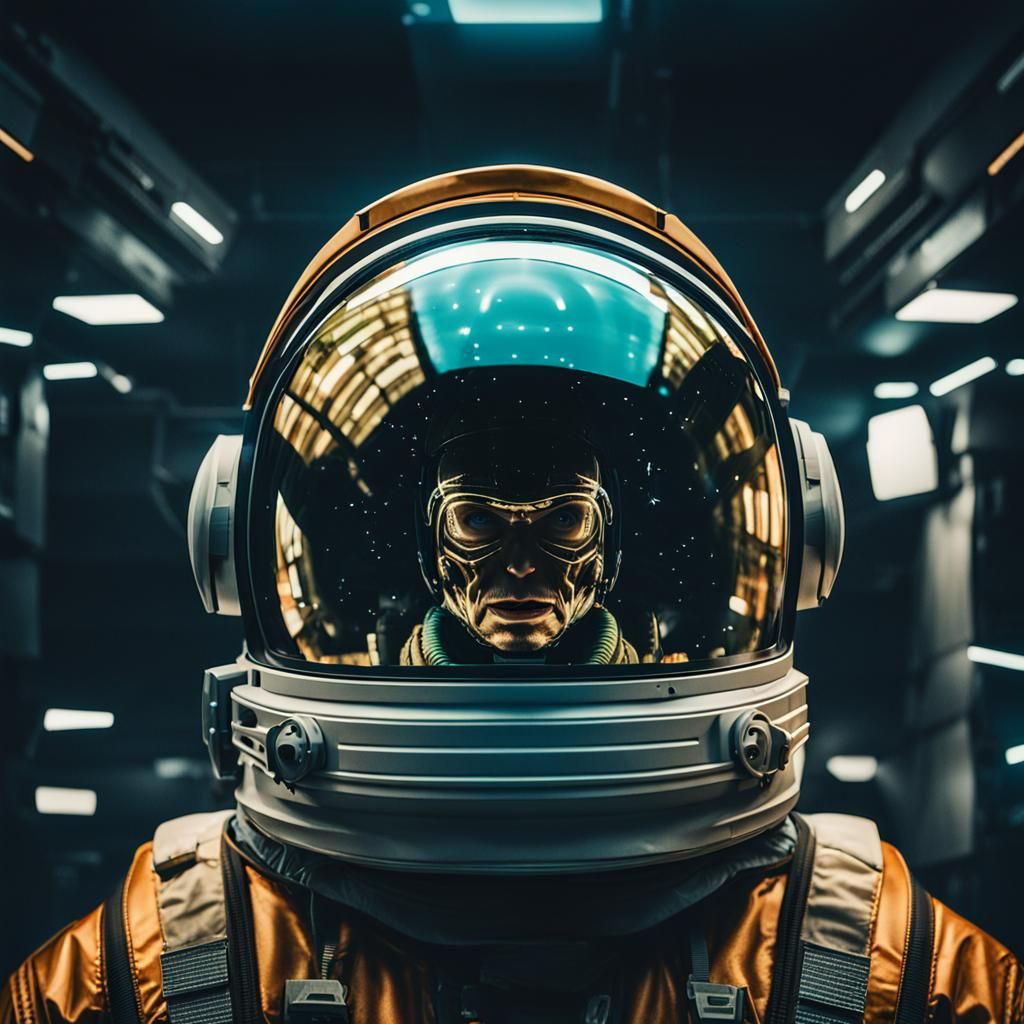 Astronaut Helmet Reflecting Alien Face: Cinematic Film Still