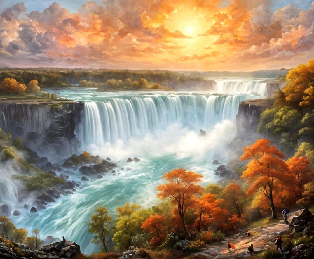Niagara Falls Sunset in Romantic Landscape Style