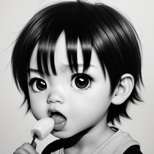 Chibi Baby Boy Disgusted by Banana: Charcoal Drawing