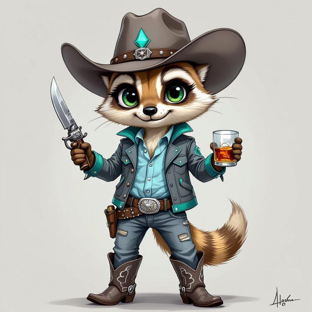 Hyperrealistic Meerkat Cowboy in Chibi Style