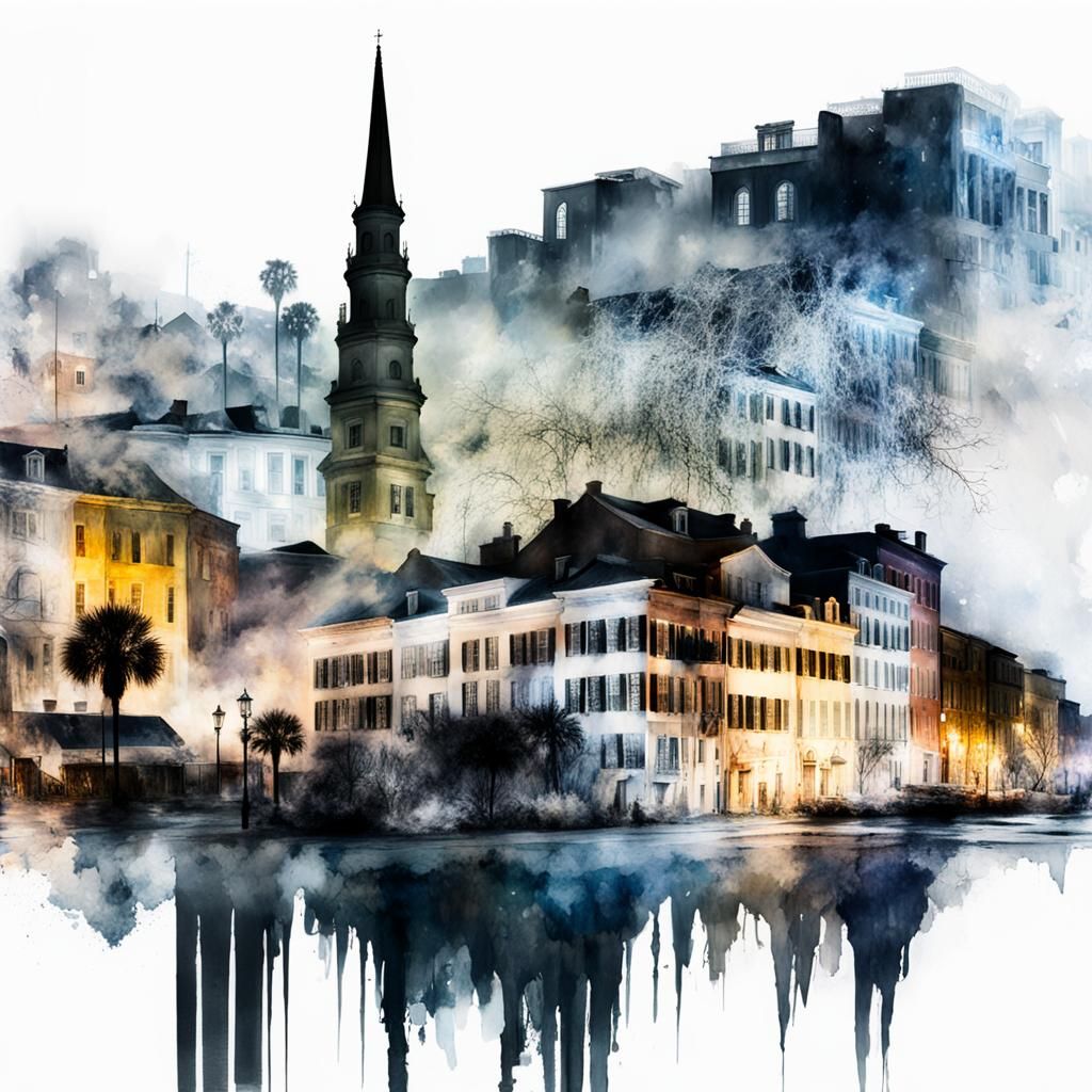 Snowy Charleston Night Panorama in Watercolor Style