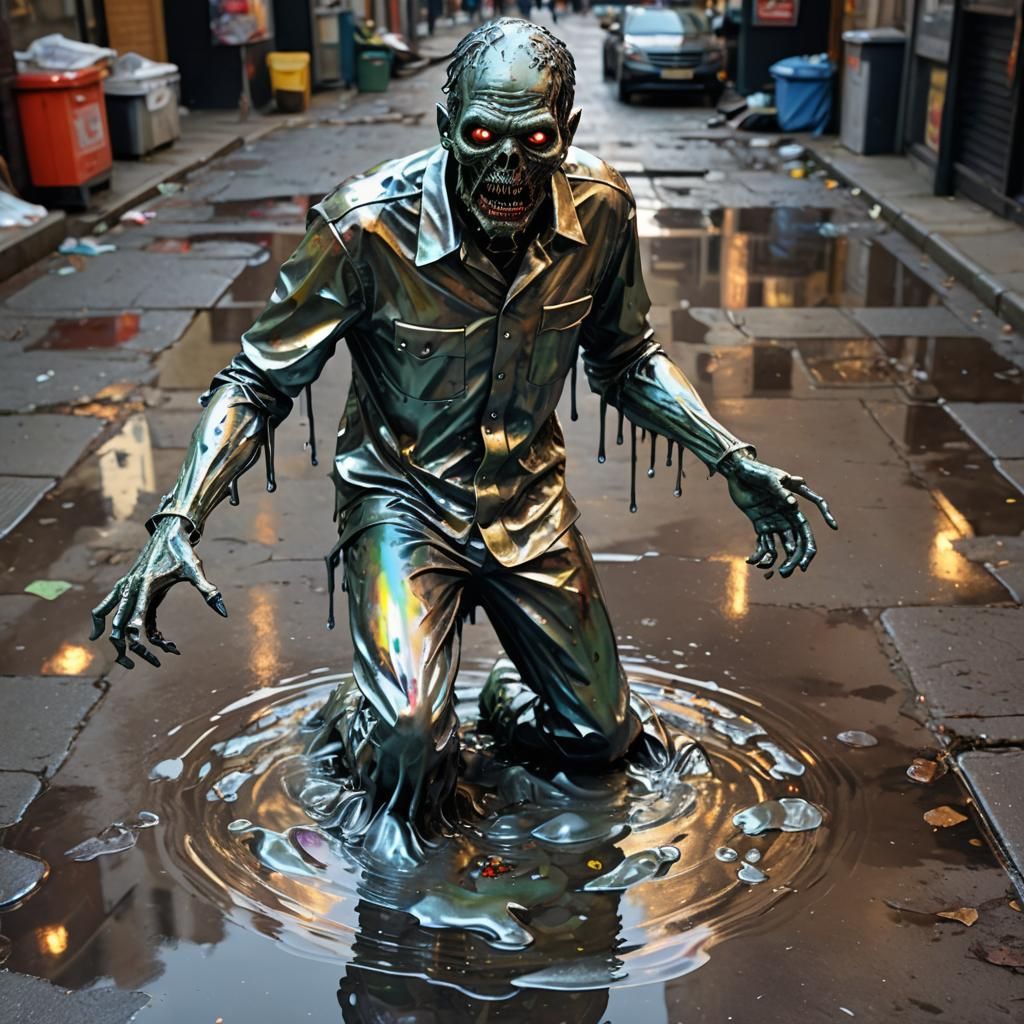 Holographic Zombie Metal Sculpture Melting