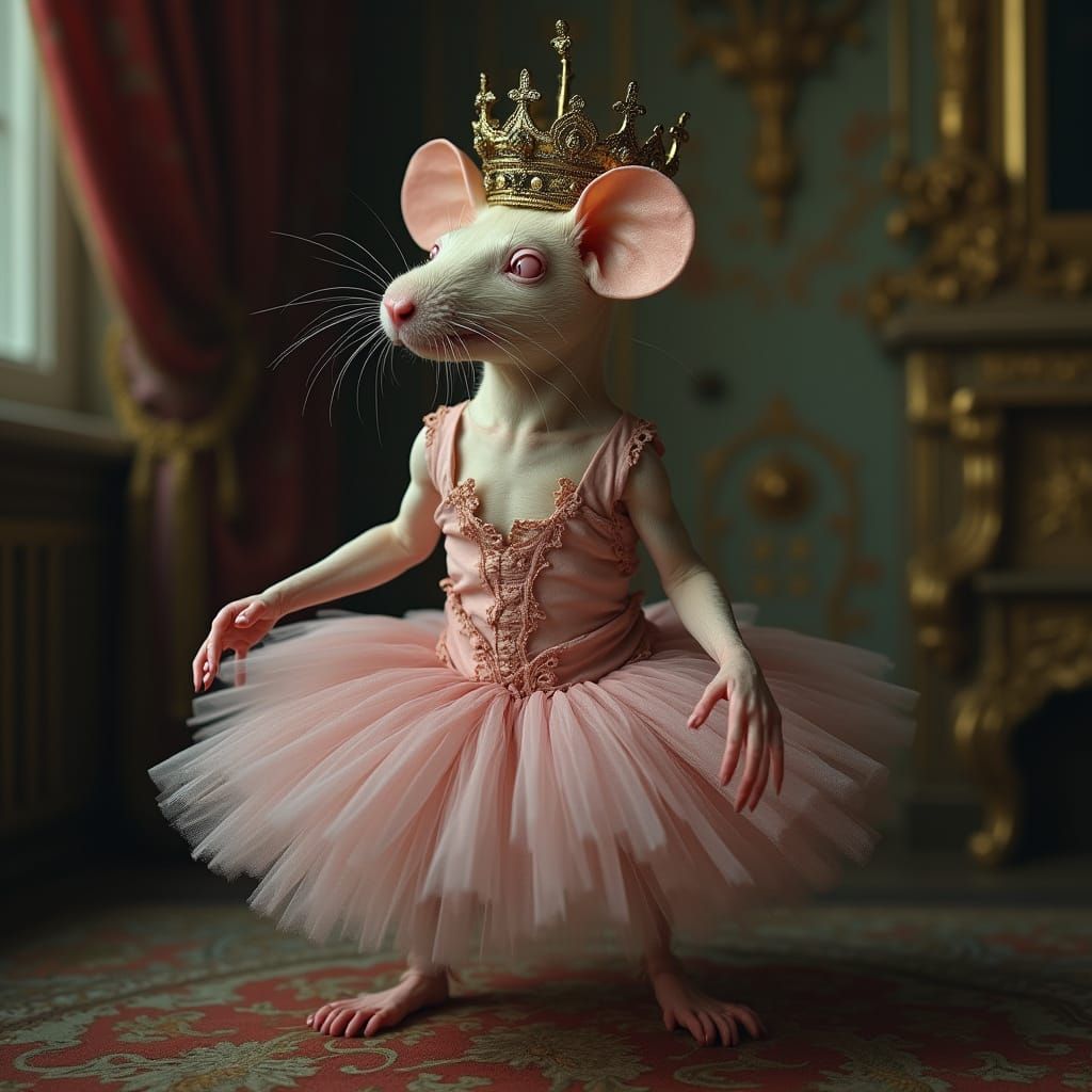 Goddess Rat in Opulent Studio, Dressed in Tattered Ballerina...