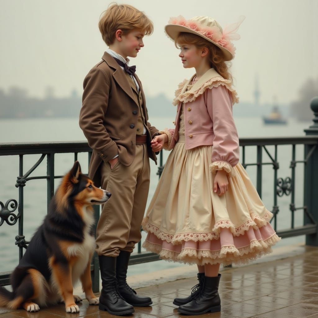 In Victorian style, a young boy and a young girl stand on a ...