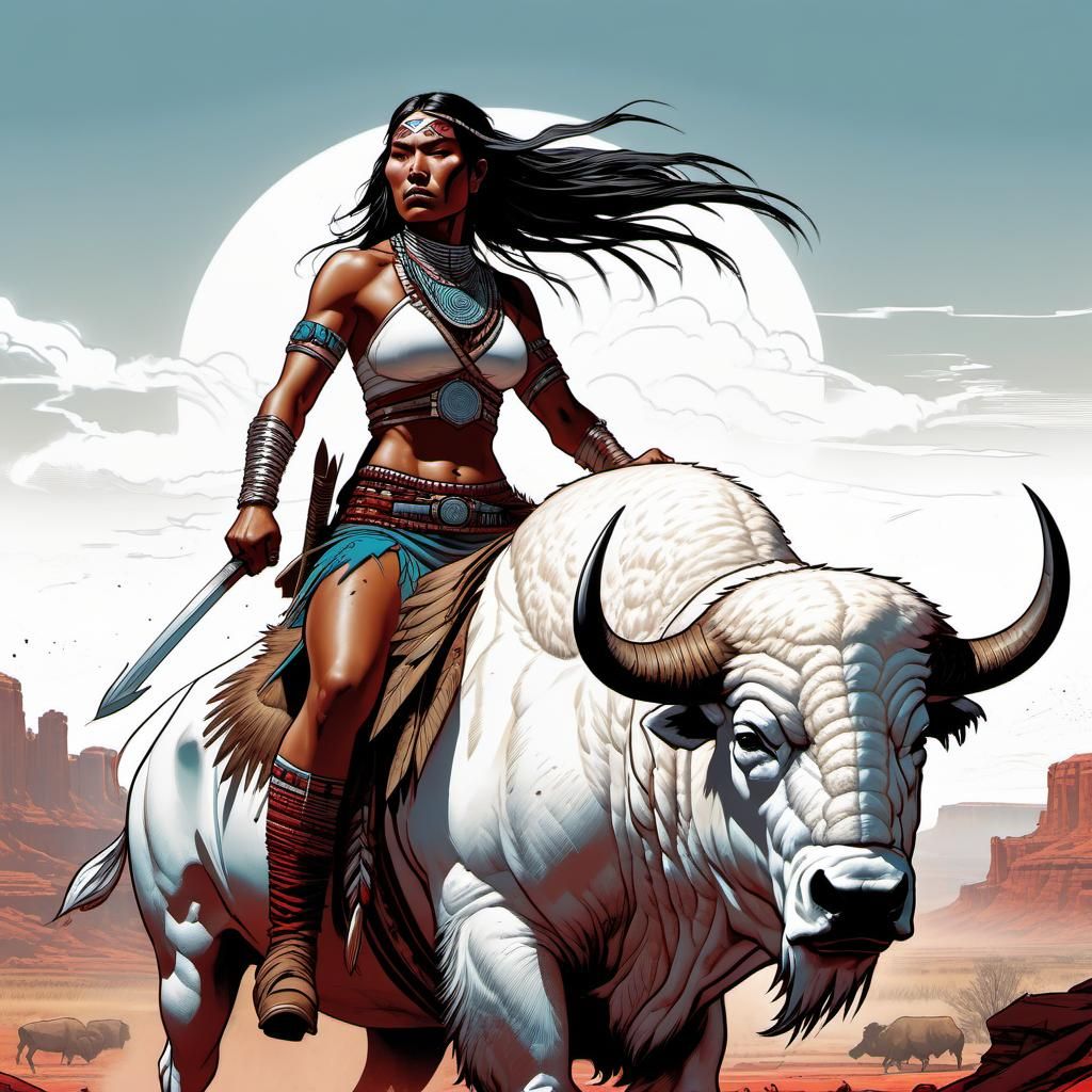 Native American Warrior on White Bison, Comic Book Art