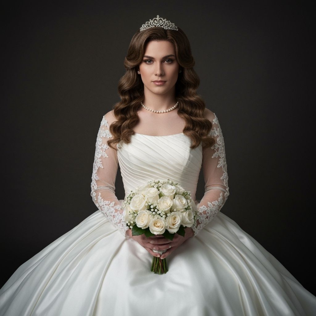 Elegant Groom in Classic Bridal Gown with Rose Bouquet