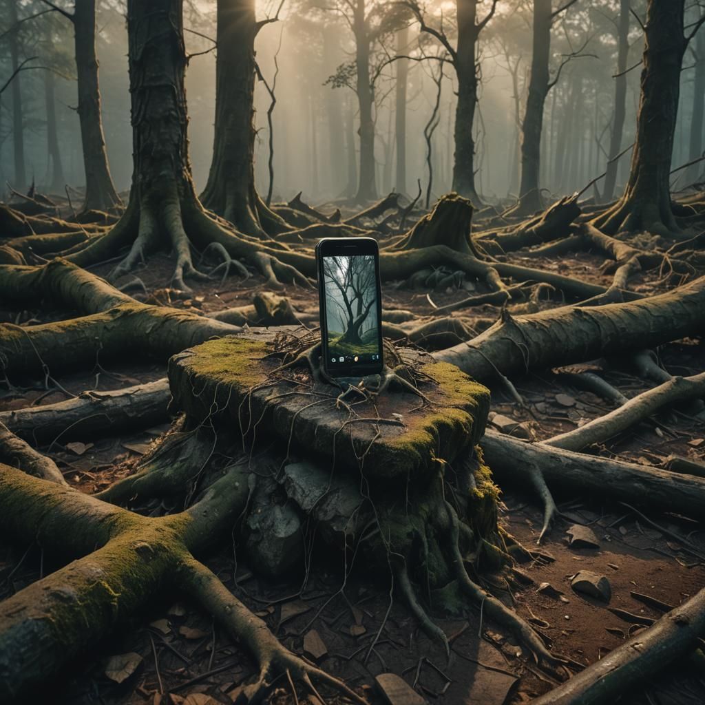 Smartphone on Stone Pedestal in Mystical Forest