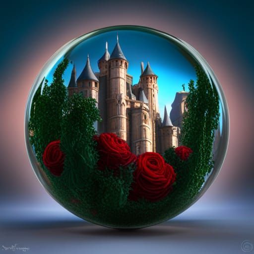 Emerald Castle in Glass Sphere with Roses