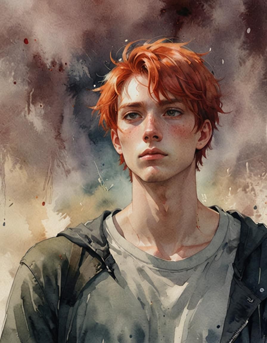 Introspective Redhead: Watercolor Portrait in Anime Style
