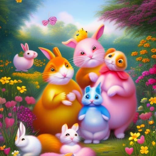 Charming Rabbit Family Portrait in Whimsical Illustration St...