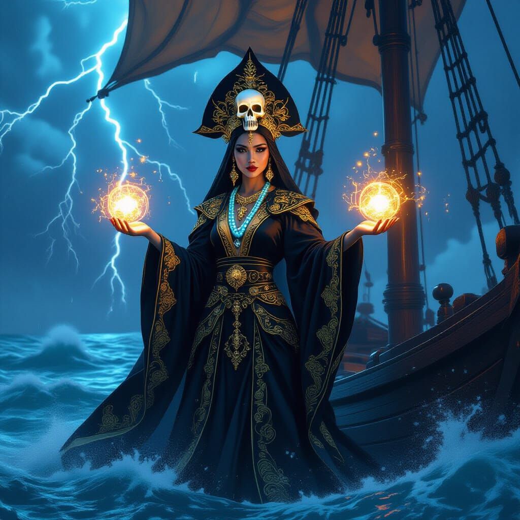 Indonesian Pirate Queen with Glowing Skull Headdress