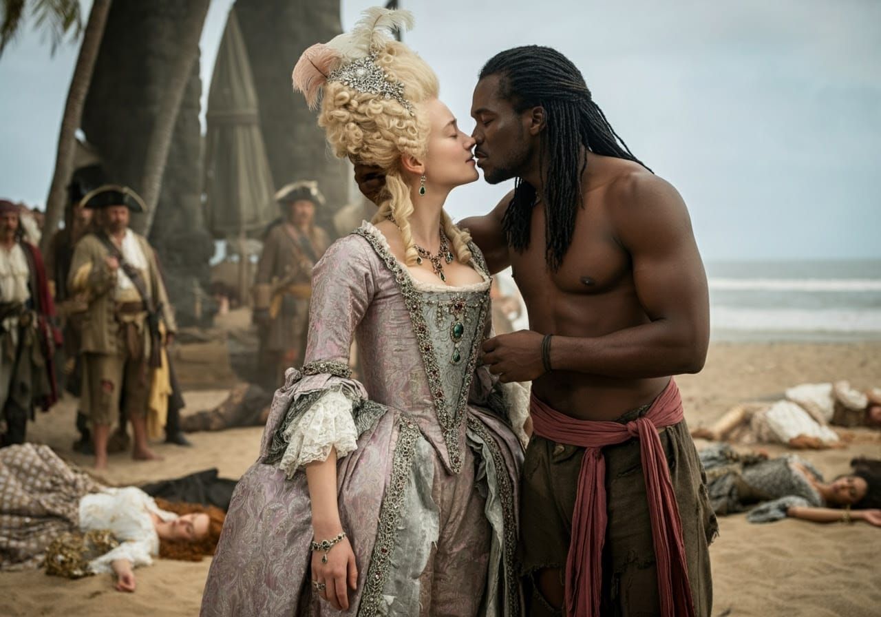 Passionate Kiss: Queen and Pirate on Caribbean Beach