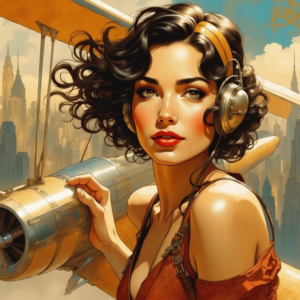 Art Deco Aviatrix Soaring Above Cityscape
